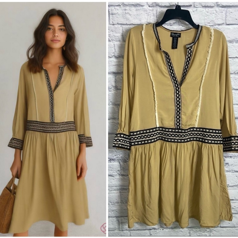 Wrangler Retro Small Yellow and Black Country Boho Long Sleeve Mini Dress